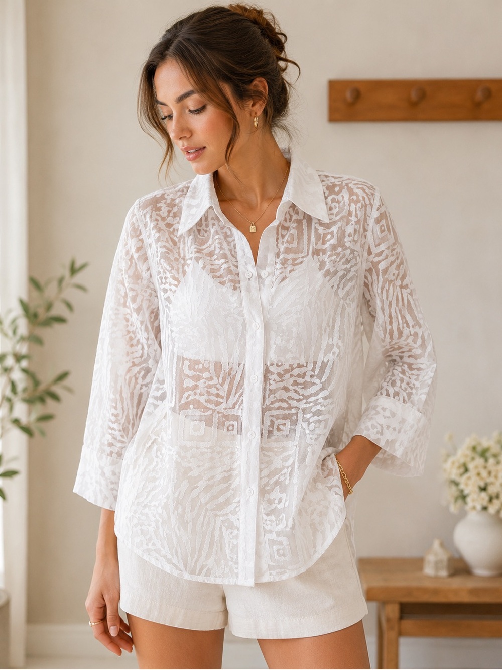 Ruby Rd Sheer White Textured Blouse Size 14 Resort Chic
